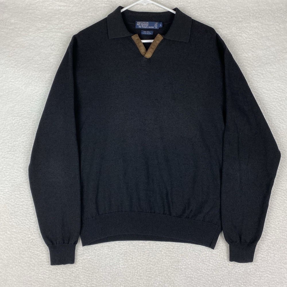 Vintage Polo Ralph Lauren Sweater‎ Mens Size L Black Wool Blend Knit Collared